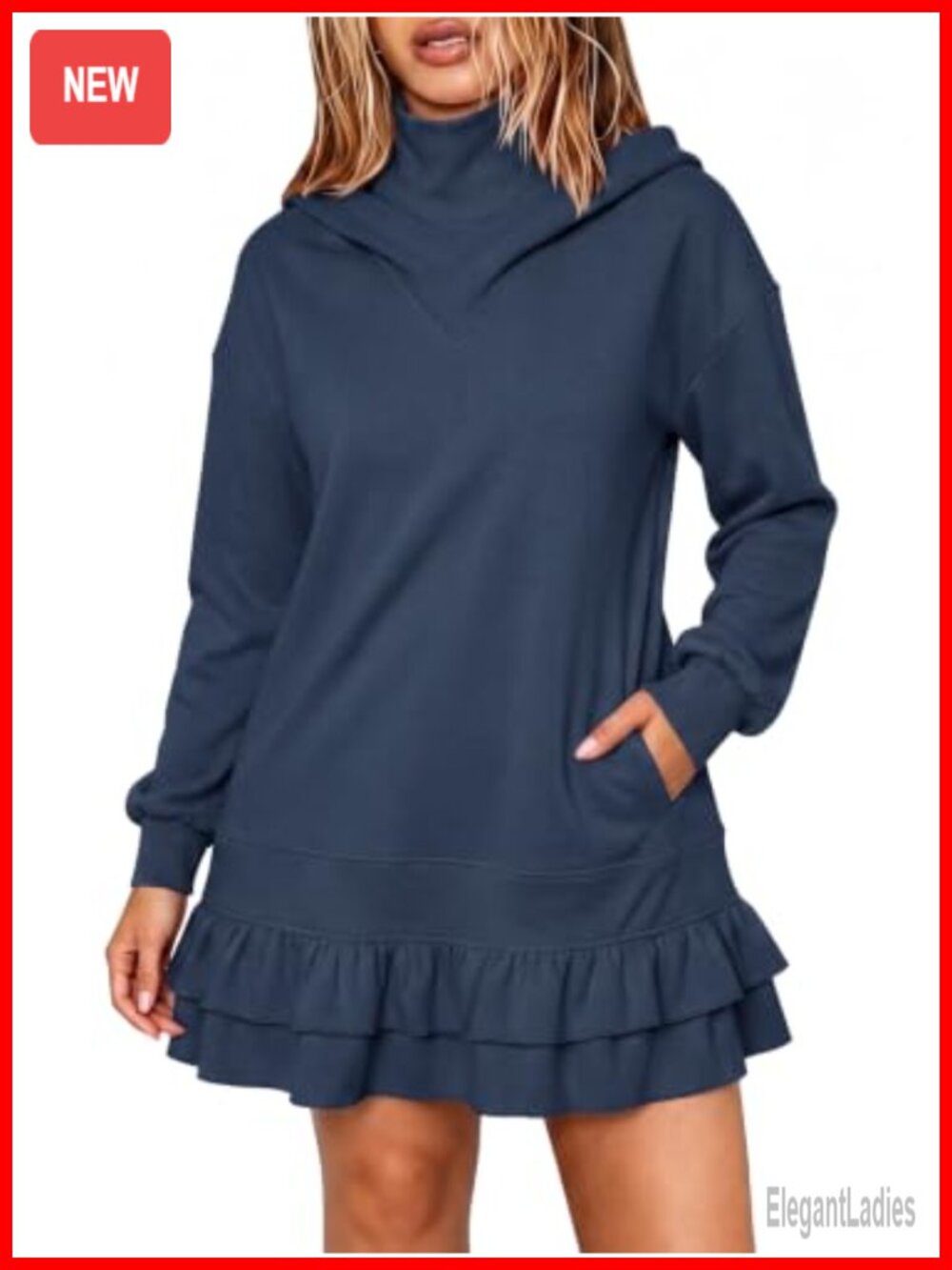 Womens Hoodie Dress Long Sleeve Turtleneck Pullover Sweatshirt Dress Mini